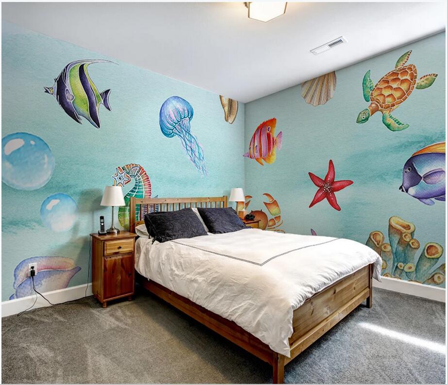 

3d room wallpaer custom mural Modern minimalist underwater world turtle fish school whole house background mural wallpaper for walls 3 d, Non-woven