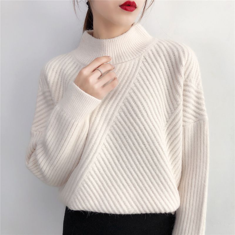 

New Fashion women's autumn and winter pullover sweater loose round neck stripes sweater, Beige
