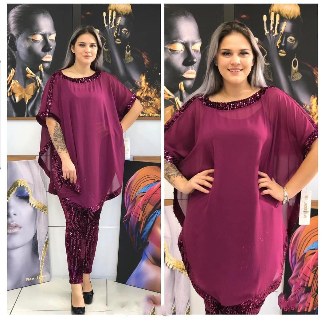 

2020 New O-Neck Top& Sequins Pencil Pants Suit Tacksuit Africa Robe Outfits Chiffon Sequins Two Piece Set Women African Clothes Casual, Black