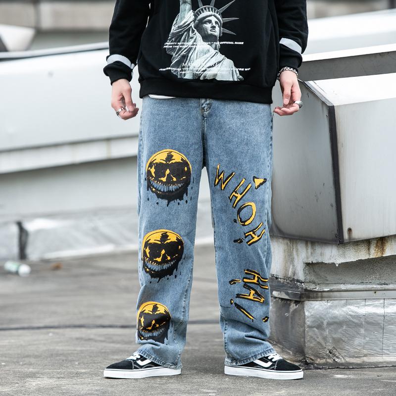 

UNCLEDONJM 2020 Streetwear Men Loose Denim Pants Graffiti Print Black Vintage Denim Pants Harajuku Joggers Trousers 7013, Light blue