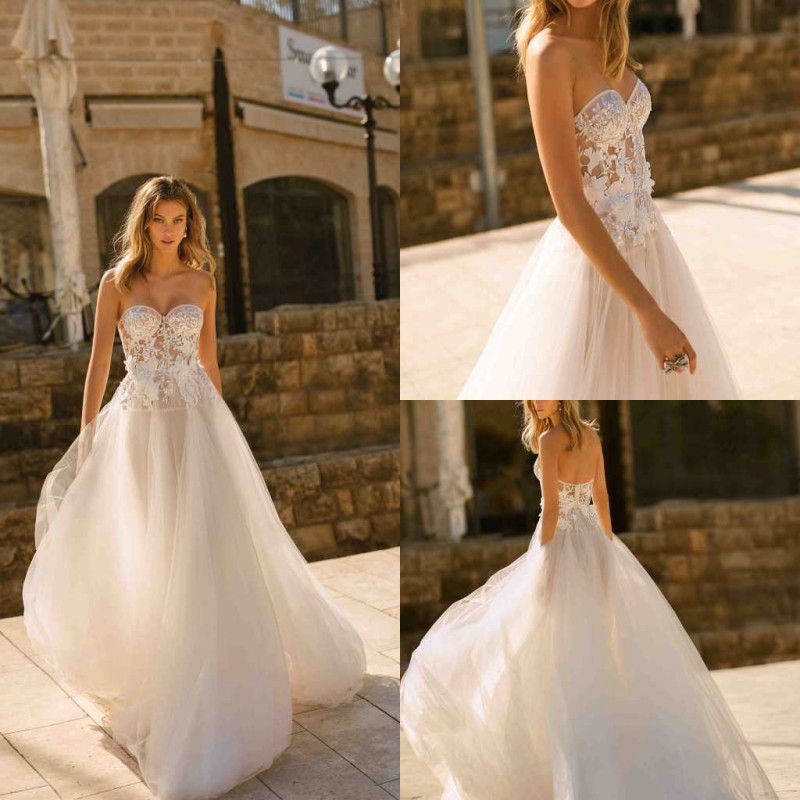 

Berta Bohemian Wedding Dresses 2019 Sweetheart Lace Appliques A Line Sweep Train Boho Bridal Dress Custom Made Cheap Beach Wedding Gowns, Custom made from color chart