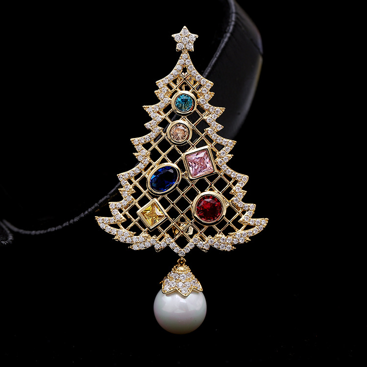 2022 Luxury Designer Pearl Brooch Christmas Tree Pin for Women with Cubic Zirconia Fashion Jewelry Female New Year Gift-image-503250927