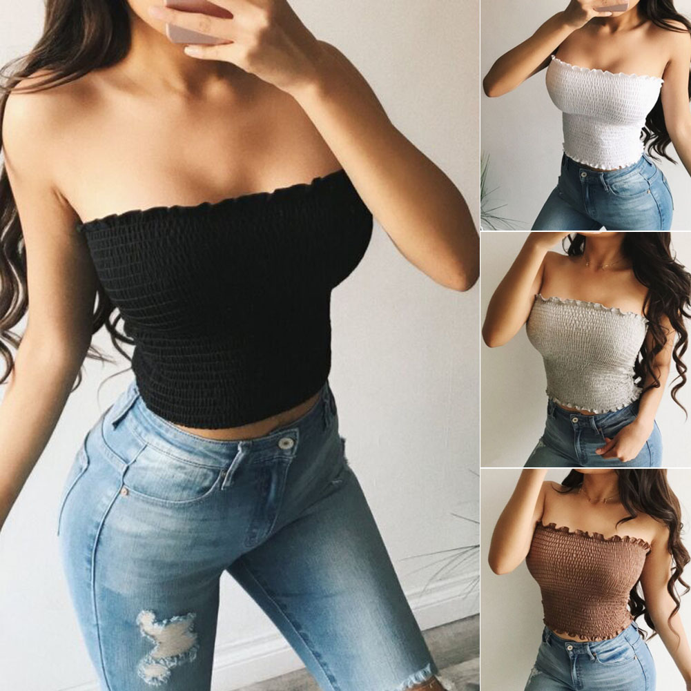 

Sexy Women Strapless Off Shoulder Elastic Tube Tops Bra Blouse Ladies Solid Ruched Bandeau Lingerie Breast Wrap Crop Top Shirts, Brown