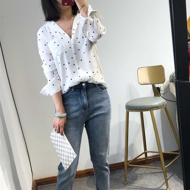 

Small lapel polka dot silk shirt 2019 early spring retro wave simple versatile sand wash women tops and blouses women shirt, White