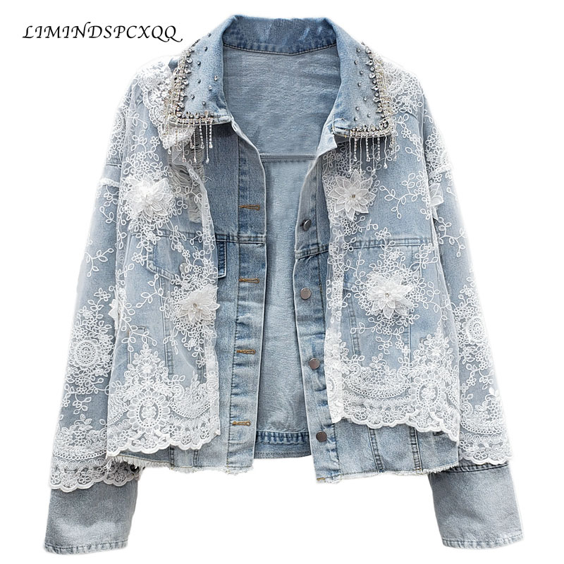 

European Lace Jeans Jackets Women 2020 Autumn New Industry Diamond Tassel Three-dimensional Flower Loose Jeans Coat Chaqueta, Blue