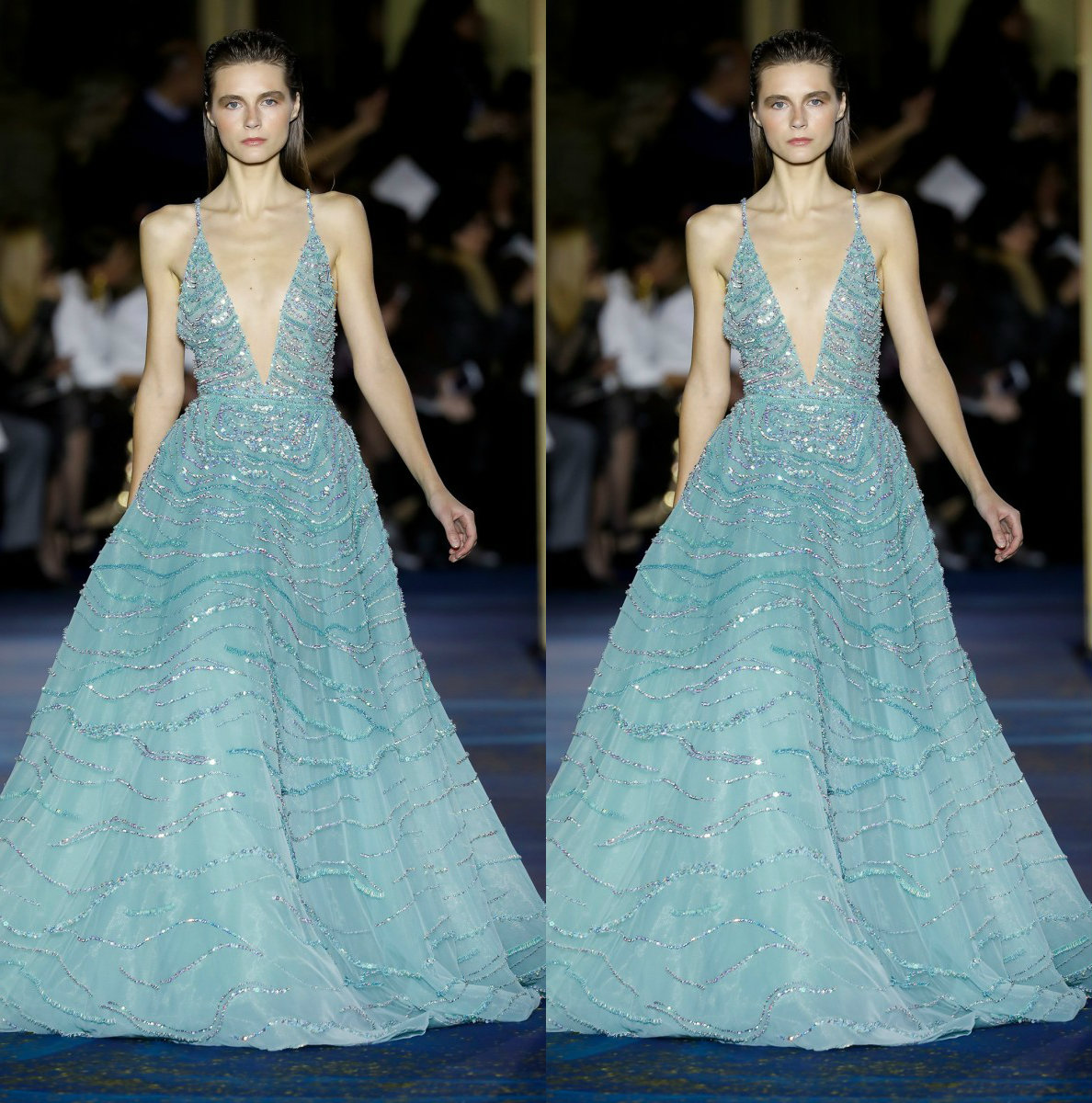 

Zuhairmurad Customized A Line Evening Dresses Crystal Spaghetti Sleeveless V Neck Formal Dress Chiffon Sweep Train Party Bridesmaid Gown, Multi