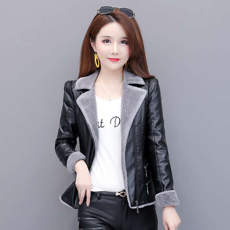 

Wholesale autumn and winter new fur one coat women small leather thickened plus velvet slim PU short leather, Black