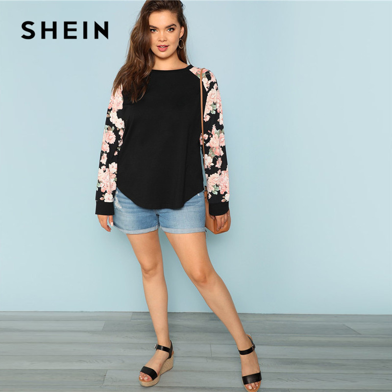 SHEIN Floral Print Raglan Sleeve Casual Plus Size Black Womens Top Tees 2018 Autumn New Round Neck Long Sleeve Workwear T Shirt CX200604