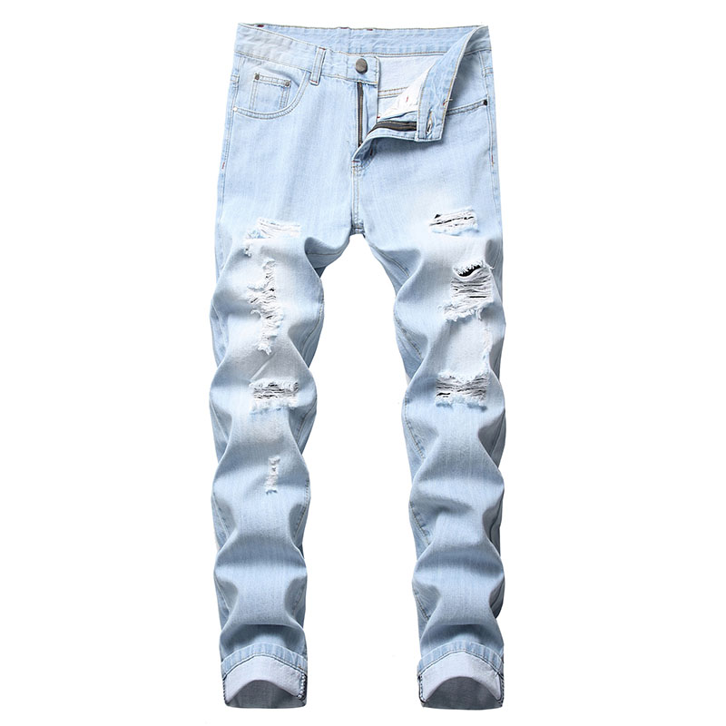 

New Men Casual jeans denim Vintage Ripped Distressed jeans Bleached Pencil pants Elastic Vintage Mid Waist high quality, T-958 blue