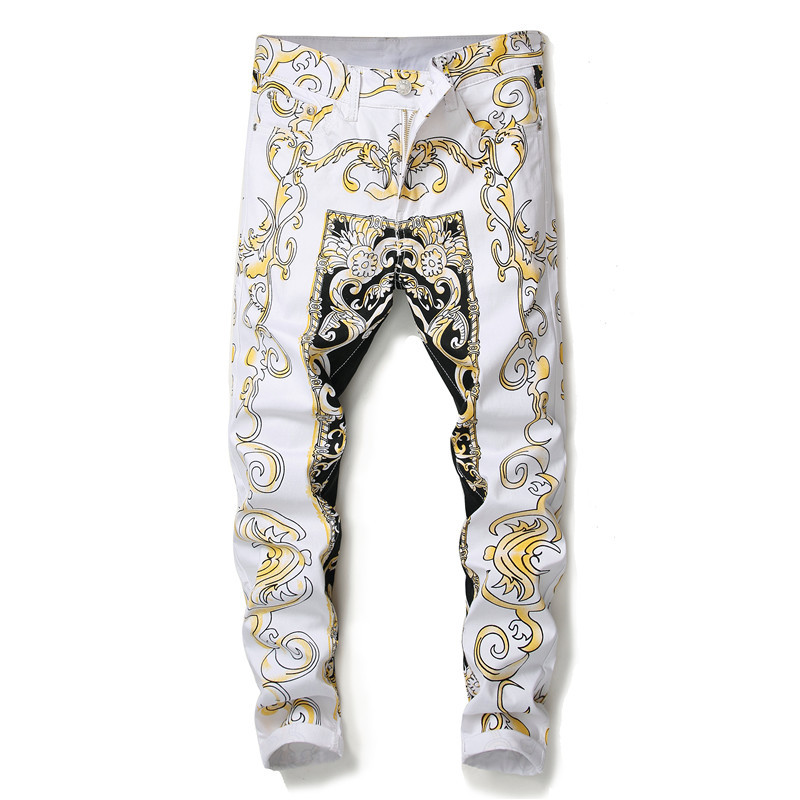 Men's pants Straight luxury trousers Painted yellow print Skinny slim mens pants jeans-image-477154284