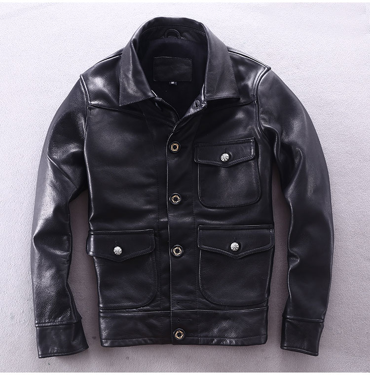 

Men 2020 Motorcycle Cowhide Genuine Leather Jacket Male Slim Fit Short Multi-pocket Locomotive Clothing Biker Coat, Black