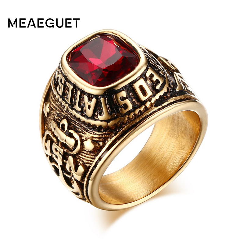

Vintage Army Rings Gold Color CZ Stone Stainless Steel Eagle Pattern Male Jewelry