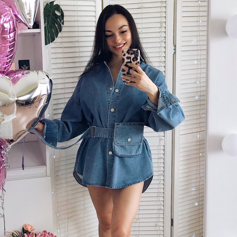 

2020 New Spring Summer Women' Solid Denim Dress Female Pocket With Belt Slim Dress Ladys Single Breasted Vintage Dresses, Blue