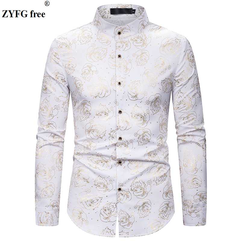

2020 summer style men long sleeve shirt mens fashion casual style stand neck shirts Flower print for men EU plus size shirt, White