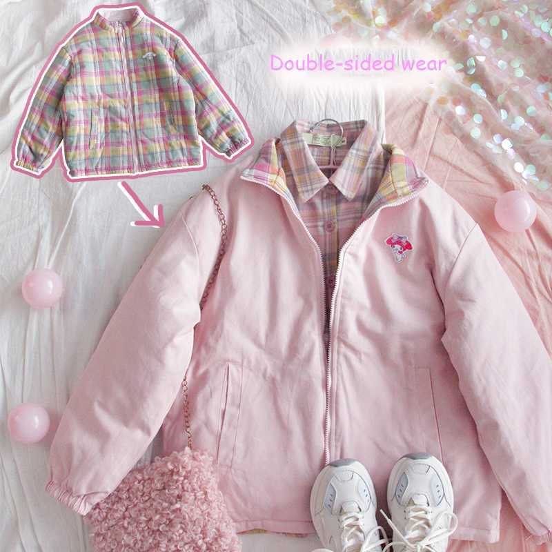 

Double Sided Down Jacket Women Japanese Harajuku Cotton Coat Loose Warm Women Padded Winter Outerwear Reversible Jacket, Pink