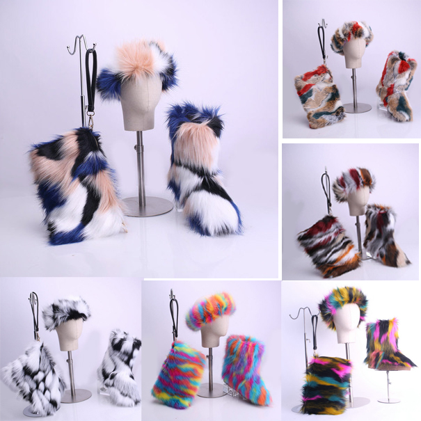 

women lady faux fox fur snow boot BAG SET 3 PIECES headband with fur lined lining winter plus size furry fluffy calf boot outdoor mid-boot, Color 13