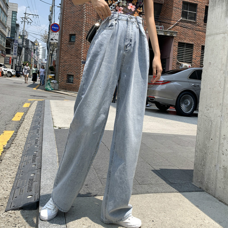 

High Waist Fold Wide Leg Straight Loose Extra Long Jeans for Women Tall  S M L XL, Light blue regular