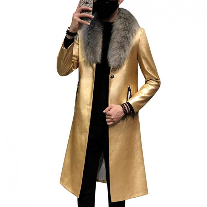 

2021 Quality men's wear Metal Leather Trench Coats Big Fur Collar Long Men Overcoats Gold Fit Jacket, Black