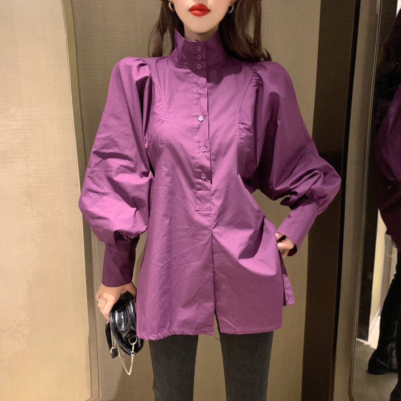 

2020 New Fashion Spring Autumn Women Casual Loose Button Midi Long Blouse Female Solid Stand Collar Long Sleeve Shirts Tops 1792, Gray
