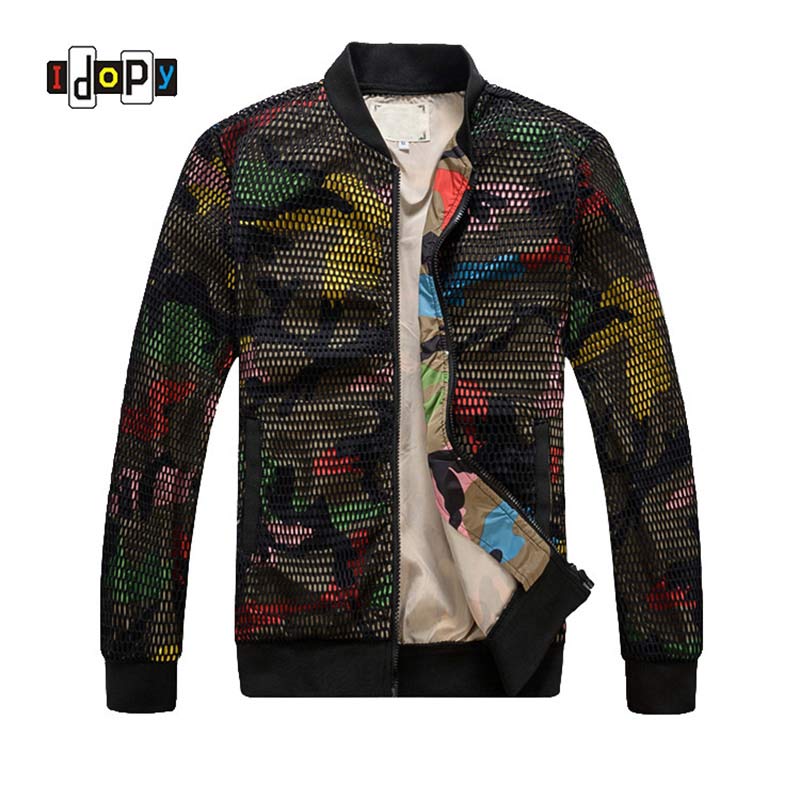 

Fashion Mens Outerwear Camouflage Bomber Jacket Hollow Out Designer Slim Fit Camo Windbreaker Baseball Jacket and Coat for Men, Black