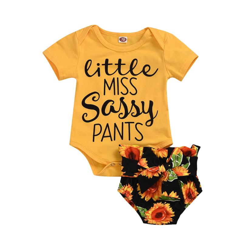 

Infant Baby Girl Summer Sassy T-shirt Tops Short Sleeve T Shirt Sunflower PP Shorts Outfit Clothes, As pic