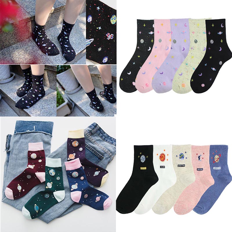 

New Jacquard Planet Design Funny Socks Korean Style Women Sox Harajuku Art Yarn Cute Calcetines Divertidos Skarpety Crew Sokken