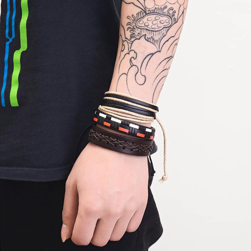 

Hand Made Simple Men Statement Vintage Crocet Woven Leather Bracelet Three Layers Male Wrist Band Casual Party Jewelry Ornaments