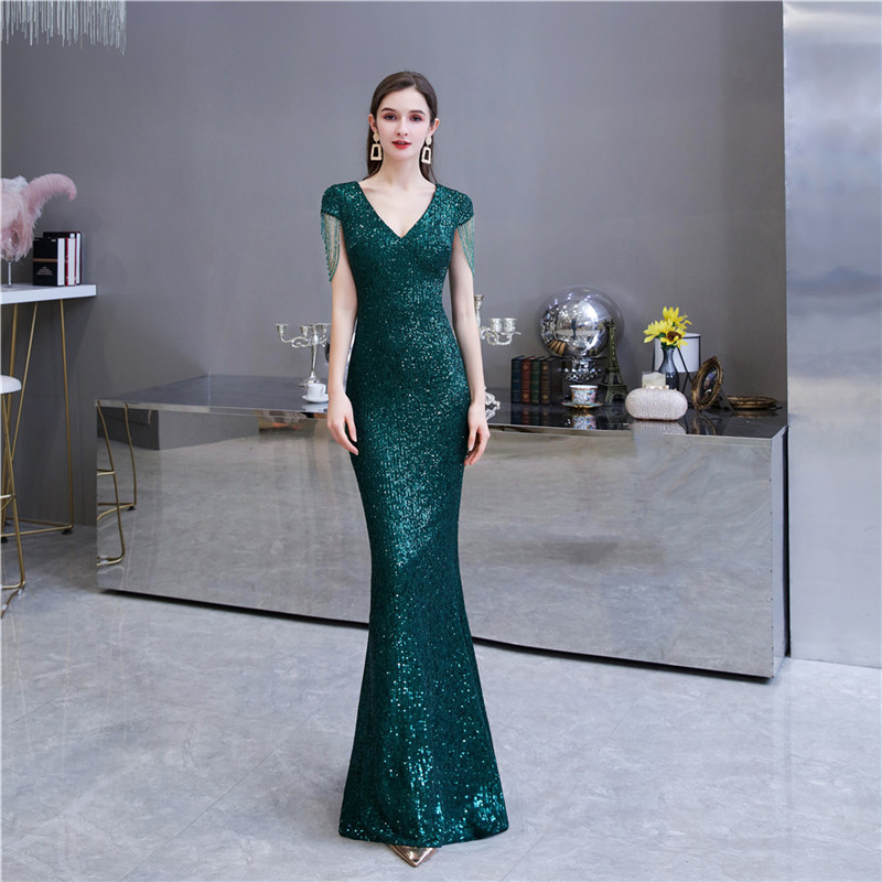 

Sequins Green Mermaid Prom Dress Beaded Floor Length V Neck Evening Gowns for Women Elegant Party Gown Custom Made Short Sleeve, Dark green