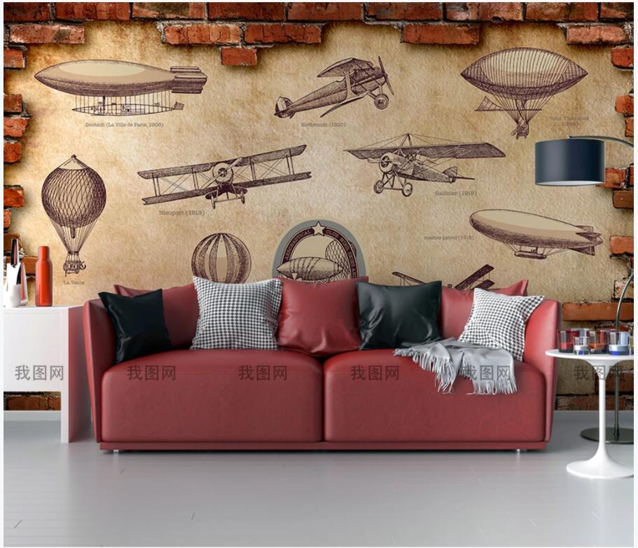 

custom photo mural 3d wallpaper Vintage hand drawn flying tools on red brick background home decor 3d wall murals wallpaper for walls 3 d, Non-woven wallpaper