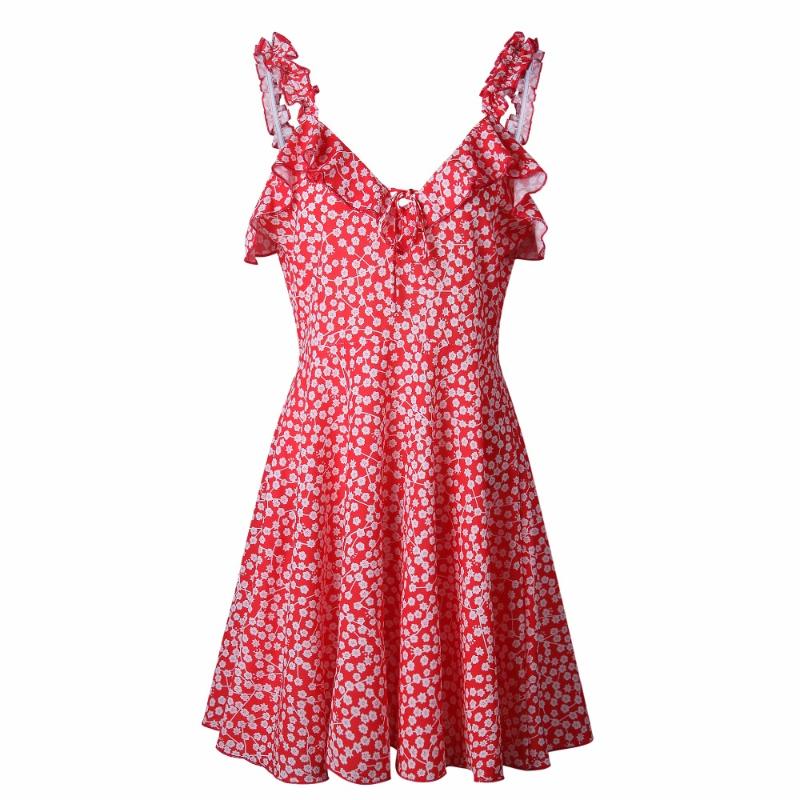 

Summer Vintage sundress Women Ruffled Print Tie print V-Neck party Dresses vestido 2018 Womens robe boho beach mini dress, Red