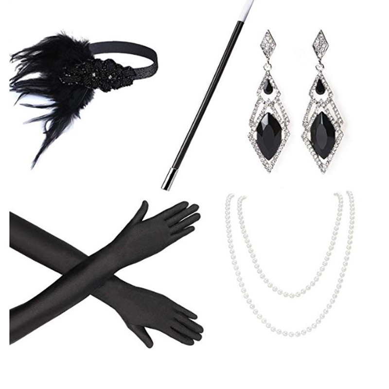 FLAPPER 3PC SET HEADBAND PEARLS NECKLACE GLOVES FANCY DRESS CHARLESTON COSTUME