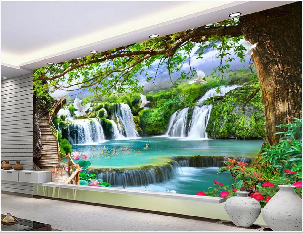 

modern 3d wallpaper for living room green big tree forest waterfall wallpapers landscape background wall