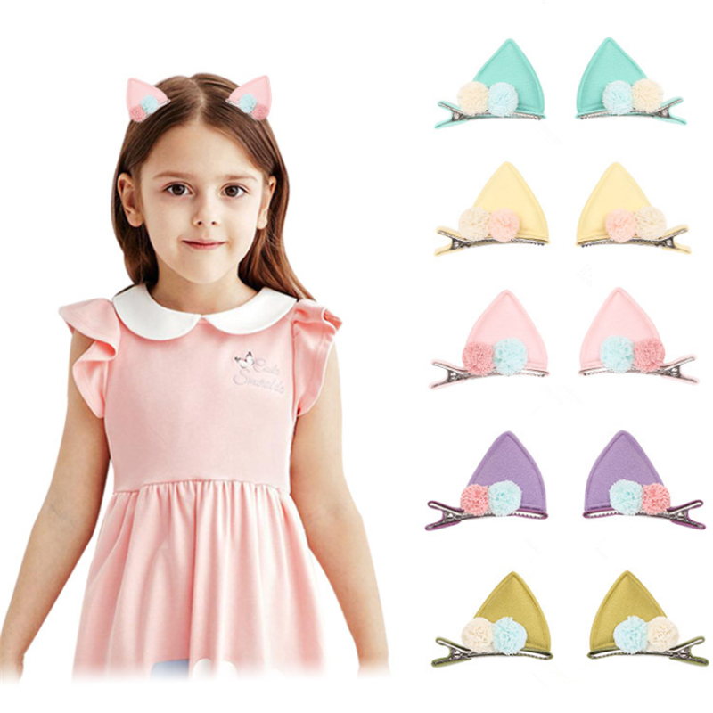 

10pair/lot Cute Hair Clips For Girls Glitter Candy Color Pompom Hairpins Cat Ears Barrettes Kids Hair Accessories, Purple
