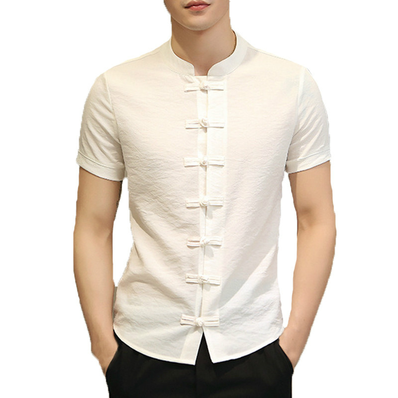 

Januarysnow 2020 Vintage Mens Shirts Dress Short Sleeve Button Down Slim Fit Summer Chinese Style Tee Tops Male Clothing Camisas Masculina, White