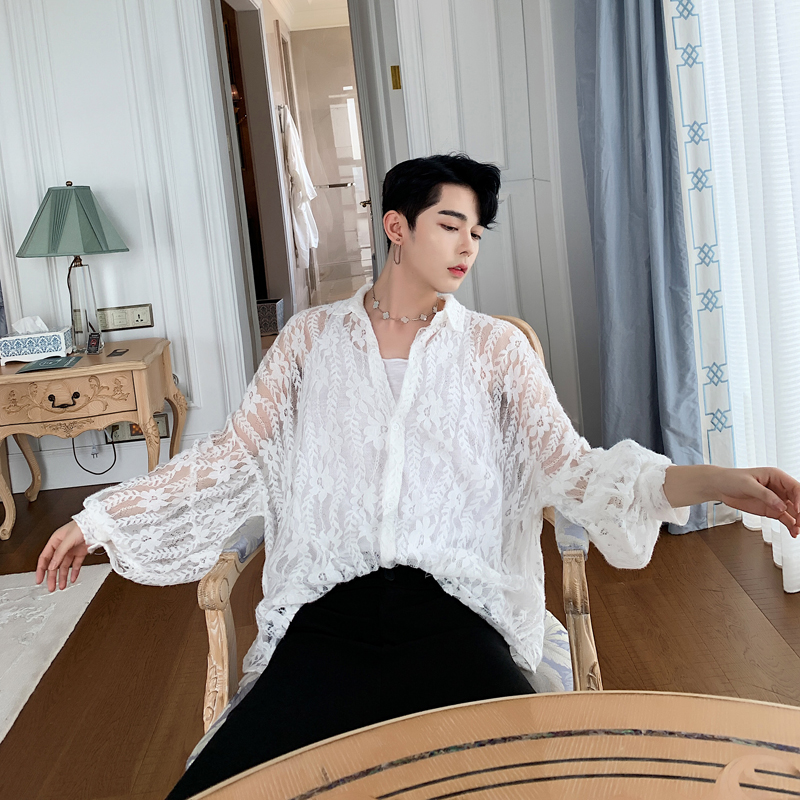 

Men Vintage Fashion Lace Hollow Shirts Male Women Streetwear Hip Hop Long Sleeve Oversize Loose Party Dress Black White Shirts, White;black