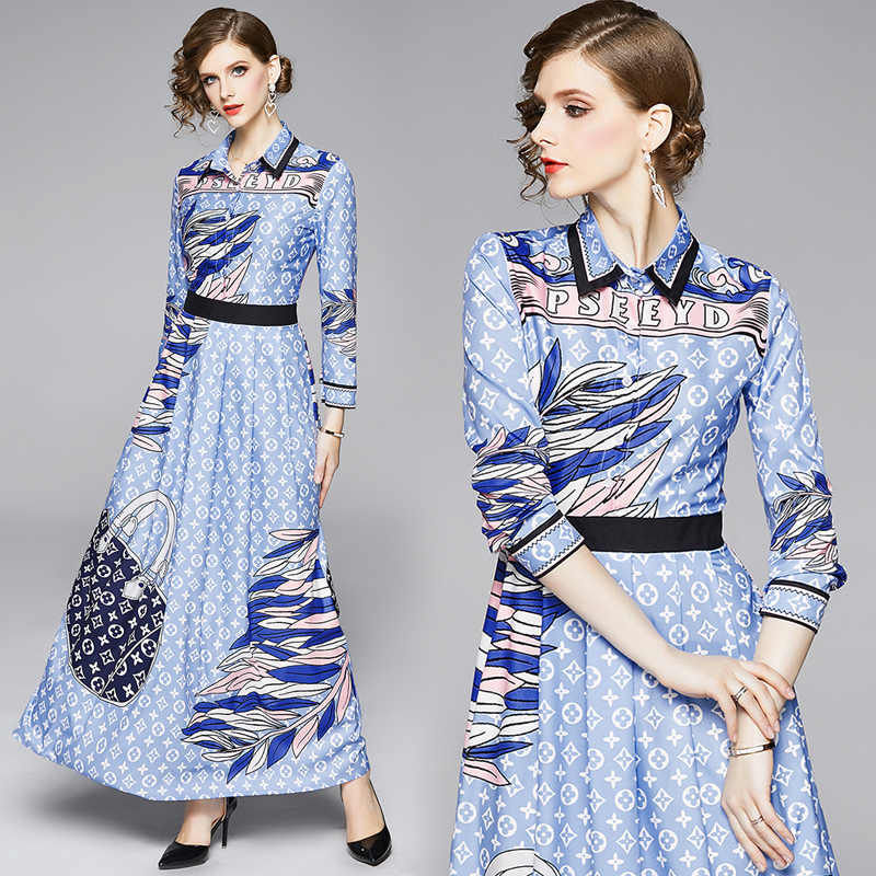 

Super Popular 2020 Spring Runway Maxi Shirt Dress Bule Button Long Sleeve Luxury Print Ladies Designer Party Dresses Casual Office, Multi