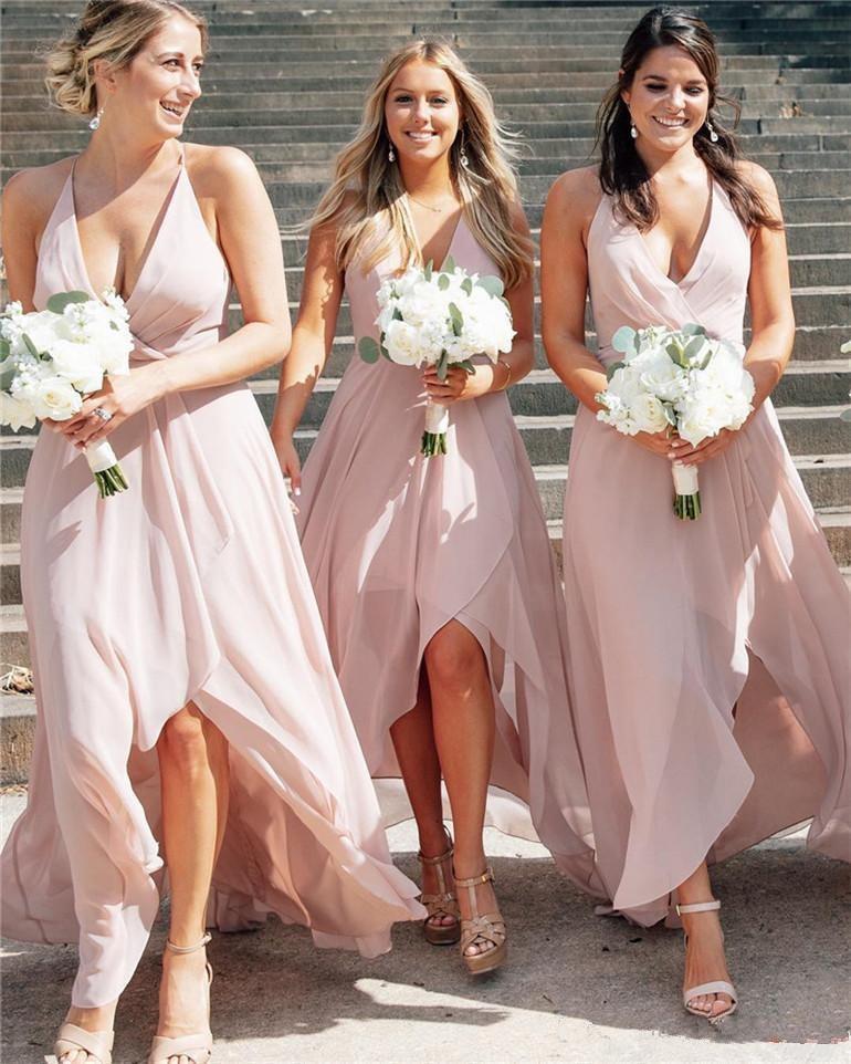 

Simple Summer A Line Bridesmaid Dresses Halter V Neck High Low Cheap Party Wedding Guest Dress robe de soiree