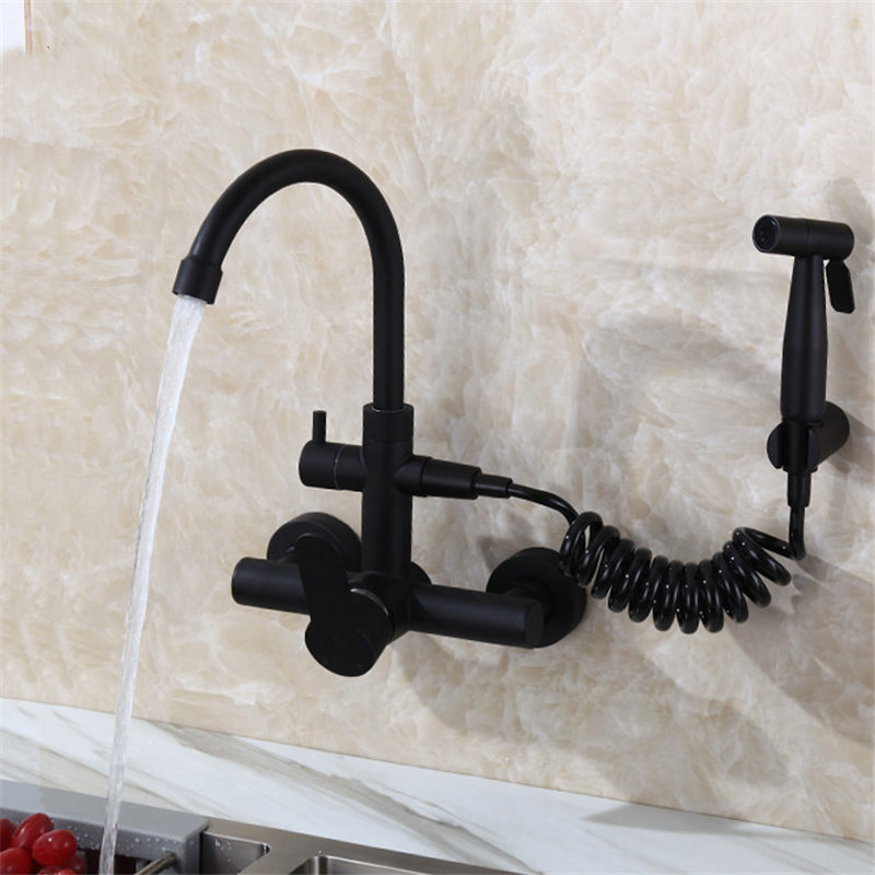 

Kitchen Sink Faucet Hot & Cold Sink Mixer Tap Washing Basin Wall Mounted With Spray Gun Outdoor Faucet Mop Pool Laundry Pool Tap