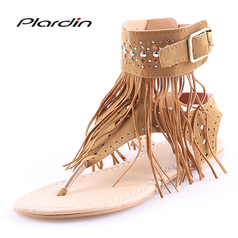 

Plardin Summer New Bohemia Flat Women Sandals Tassel Woman Flip Flops Vintage Women Shoes Beach Shoes Woman, Beige