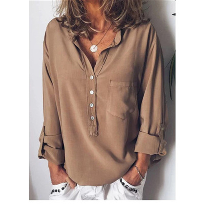 

Fashion Women Summer V-neck Blouse Loose Casual Long Sleeve Button Shirts Solid Color Pocket Female Office Work Shirt Tops, Khaki
