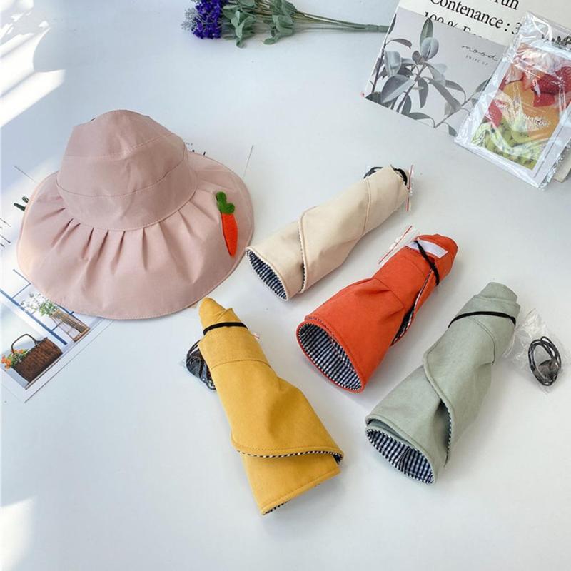 

New Sun Hats 2020 Cute Frog Carrot Print Summer Kid Adult Girls Empty Top Folding Visor Cap Sunhat Femme Shade Hat Summer Hats, Yellow kid