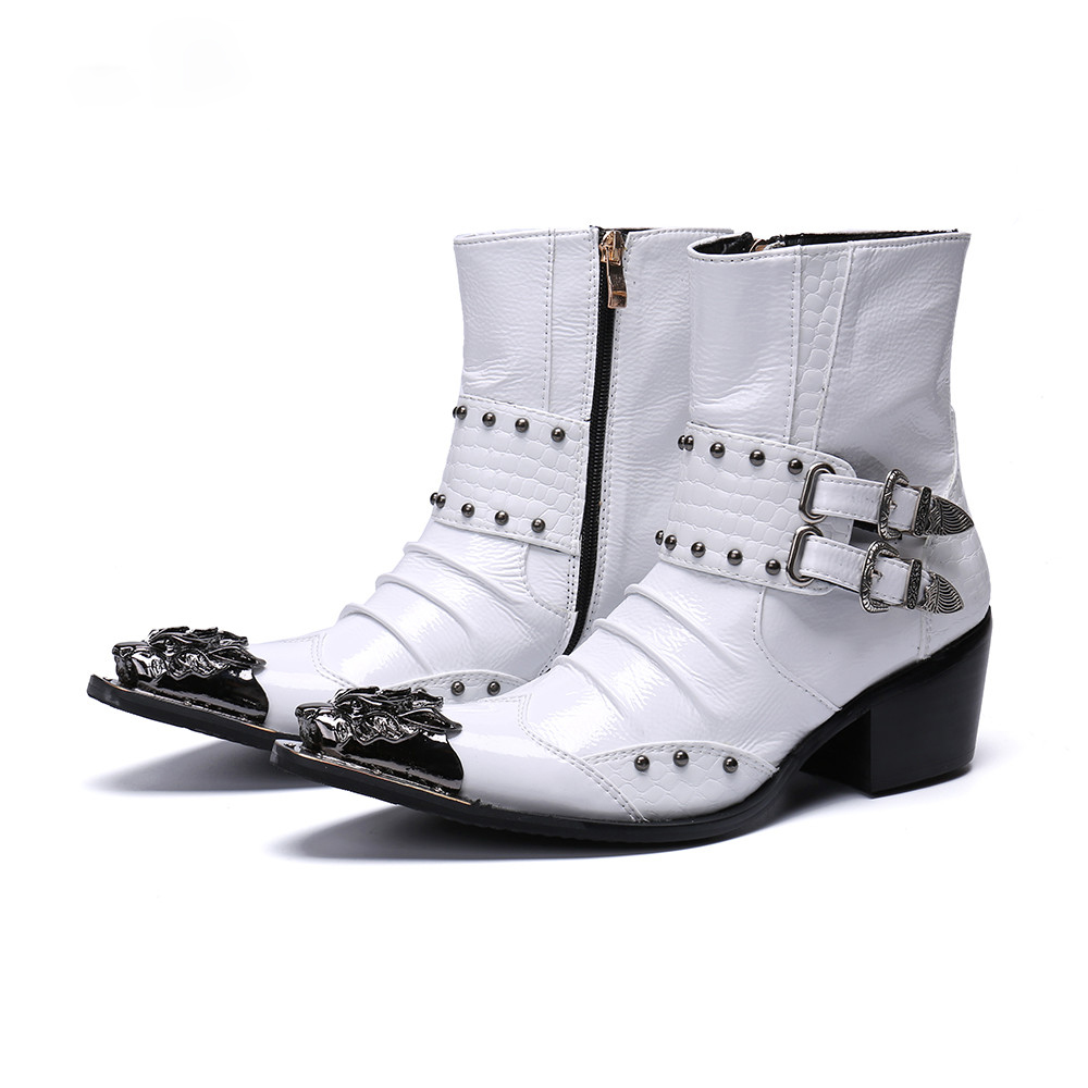 

Rock Handsome Men Boots Shoes Pointed Metal Toe 6.5cm Heels Leather Ankle Boots for Men Motorcycle Hombre, Black