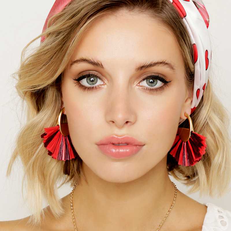 

Coco&willow raffia straw look red color tone hoop earrings for women, boho fringe statement earring fashion jewelry for party