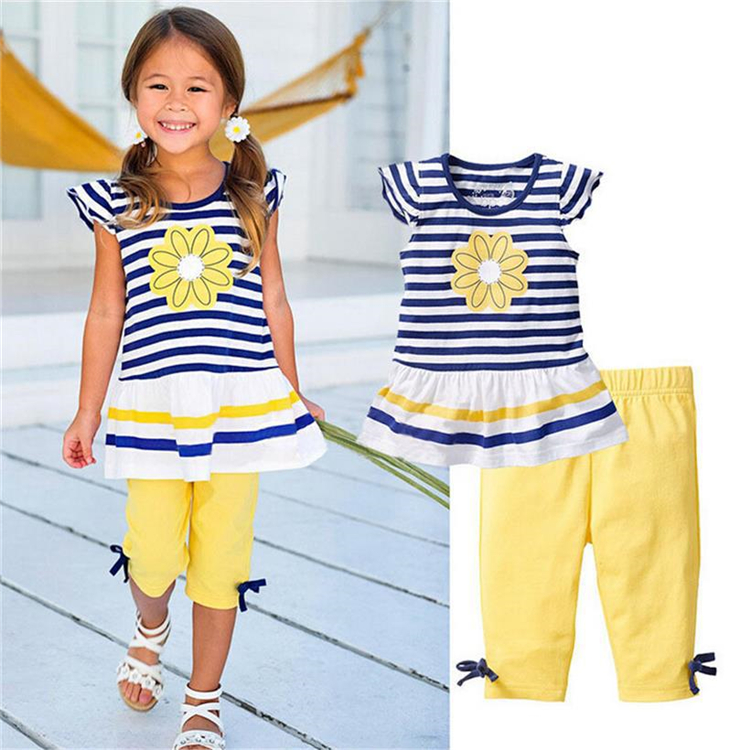 

Summer kids clothes suit T-Shirt +shorts 2 Piece Sets kids designer clothes girls Striped printed T-Shirt solid shorts JY200, Multi-color
