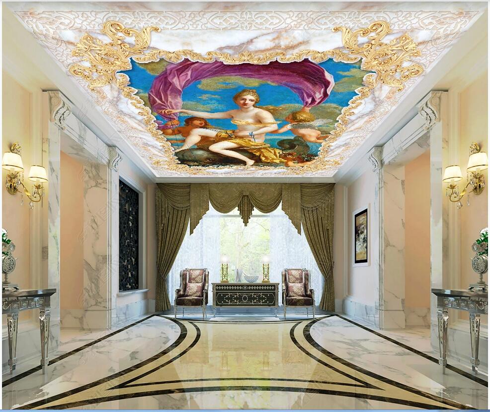 

3d ceiling mural wallpaper custom photo The goddess of the sea luxurious golden European court zenith stretch wallpaper for walls 3 d, Non-woven wallpaper