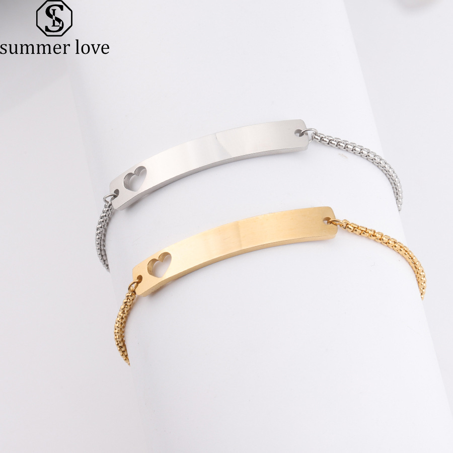 

Handmade Stainless Steel Blank Bar Bracelet Mirror Polished DIY Engrave Hollow Heart Adjustable Gold Bracelet Slider Box Chain Bracelets