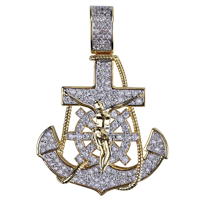 

New Arrived 18K Gold Plated Cross Anchor Necklace Pendant with 4MM Tennis Chain Rope Chain Iced Out Full Zircon Mens Jewelry