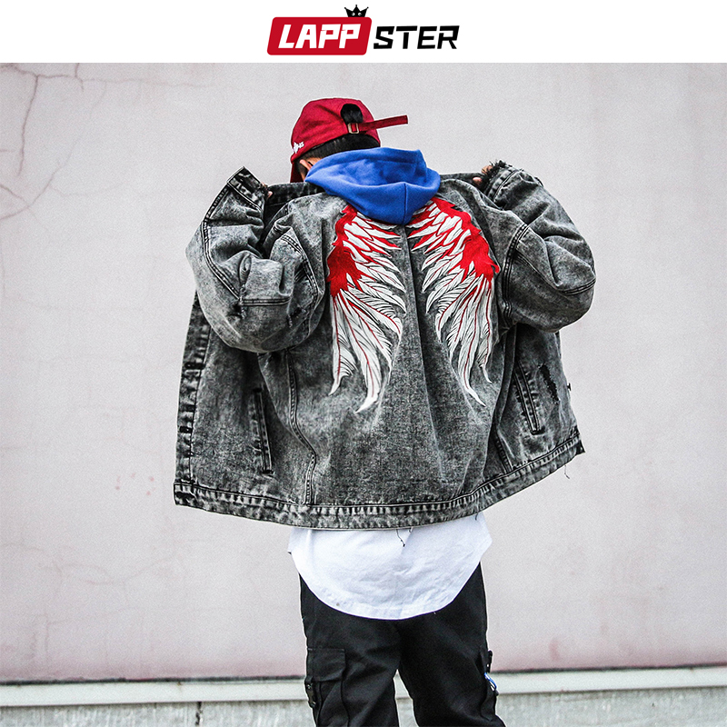 

LAPPSTER Men Embroidery Streetwear Denim Jacket Washed 2020 Mens Wing Hip Hop Denim Jacket Male Blue Korean Harajuku Windbreaker, 30blue
