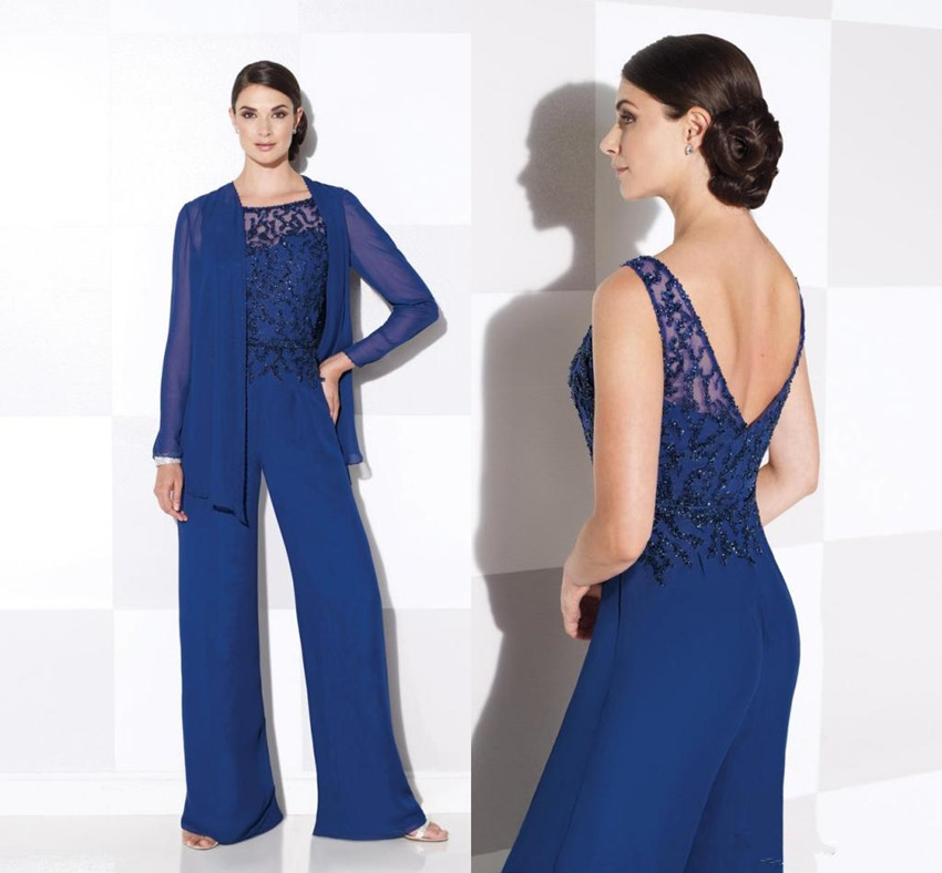 

Royal Blue Mother Of The Bride Pant Suits With Long Sleeve Jackets Two Pieces Formal Dresses Jewel Neck Sequined Wedding Guest Dresse