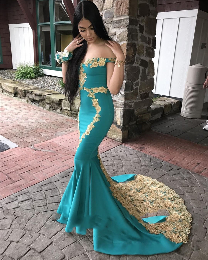 

2020 Mermaid Gold Appliques Prom Dresses Off the Shoulder Satin Long Evening Gown Woman vestidos elegantes ballkleid, Gray